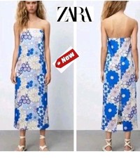 Zara Retro Mod Floral Print Strapless Midi Satin Effect Dress Blue Womens Small 