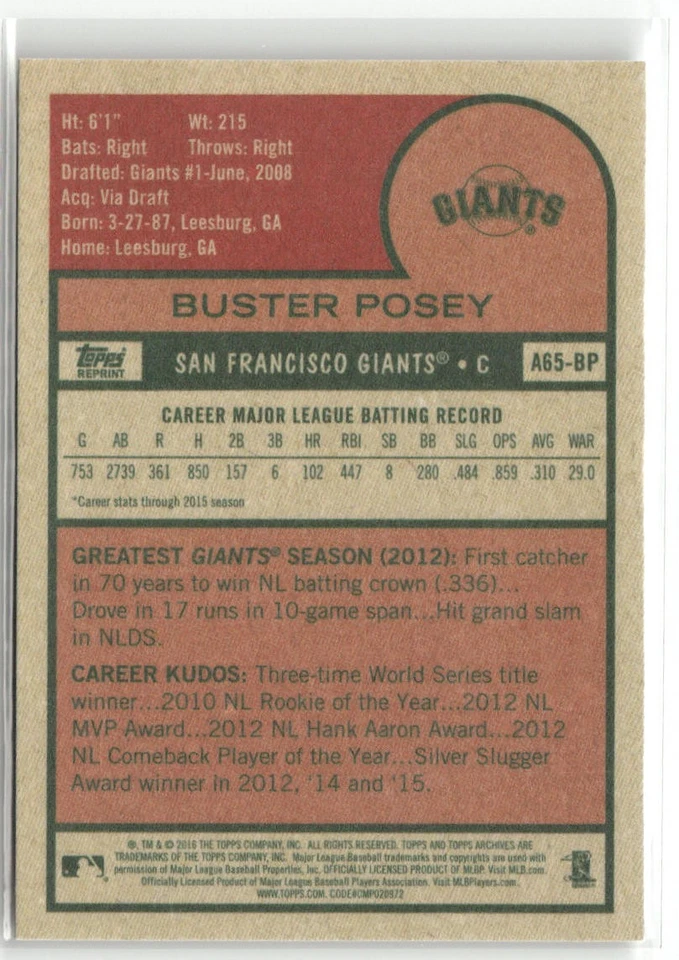 2016 TOPPS ARCHIVES 65TH ANNIVERSARY EDITION #A65-BP BUSTER POSEY GIANTS - Image 2 of 2