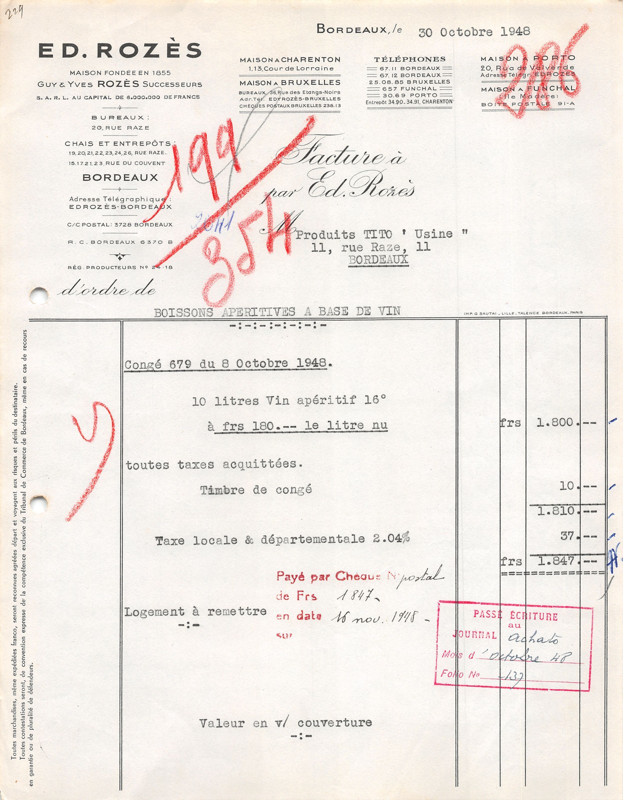 FACTURE 1948 ED ROZES A BORDEAUX - PRODUITS TITO A BORDEAUX