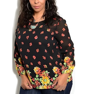 Moa Moa Ladies Top Sheer Black Floral Chiffon Long Sleeve Size 1XL, 2XL, 3XL