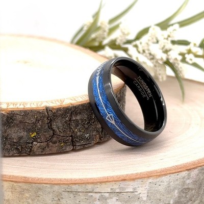 8mm BlackTungsten Carbide Unisex Ring Blue Fiber Silver Arrow Inlay Durable Band