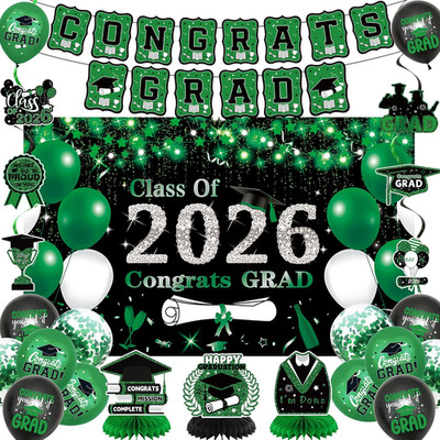 Green Graduation Party Decorations, Green Class of 2026 Graduation Banner, 2026