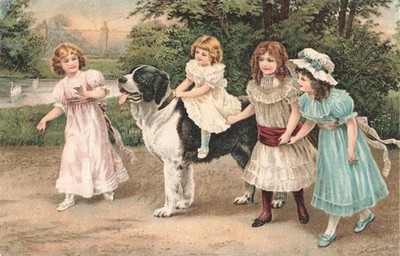 744079) Nice Children/Dog Postcard used around 1910