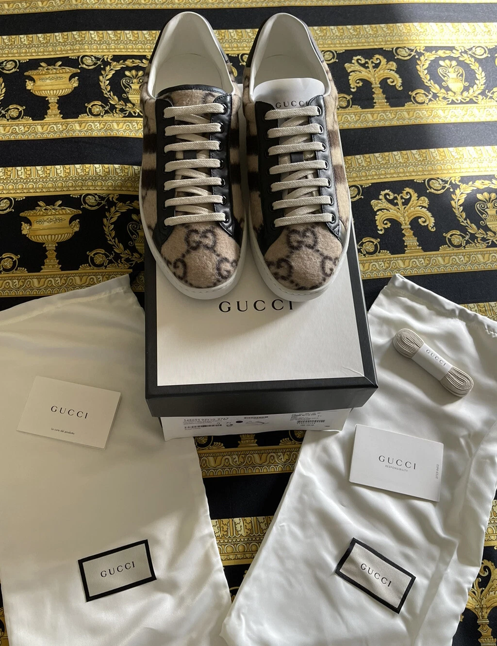 NOUVELLES BASKETS 100 % AUTHENTIQUES EN LAINE ACE GUCCI RARE GG MONOGRAMME TAILLE G 7,5 US 8