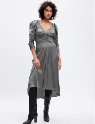GAP NWT Women's Ruched Satin Midi Dress New Shadow Grey