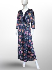 Vintage 1980s Vanity Fair Navy Pink Floral Satin Nylon Lace Robe Large 42