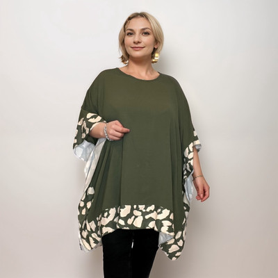 WOMENS BLOUSE LADIES OVERSIZED BLACK TOP WITH ANIMAL PRINT HANKY HEM