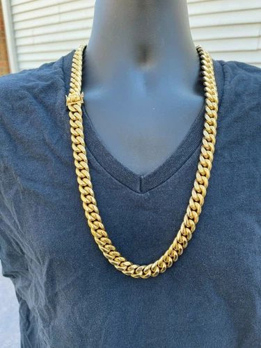 Mens Real Miami Cuban Link Chain 18k Gold Plated Stainless Steel 30" WHOLESALE - product listing photo