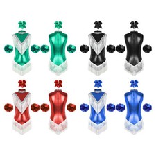 Womens Leotard Pompoms Jumpsuit Festival Costume Party Dancewear Latin Bodysuit