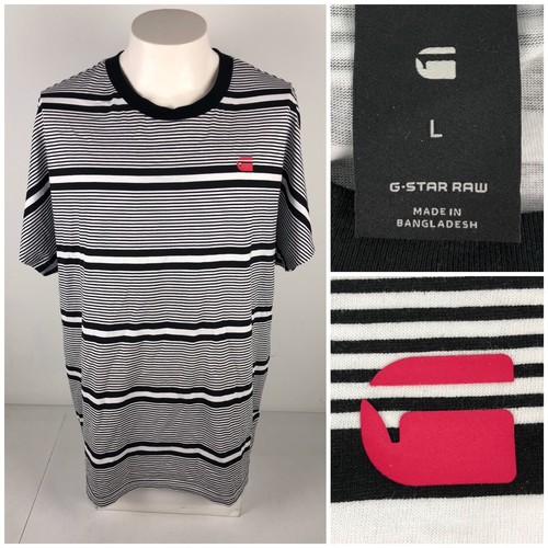 G Star Mens Large Shirt Collyde Stripe 5 White Black 100% Cotton Loose Fit