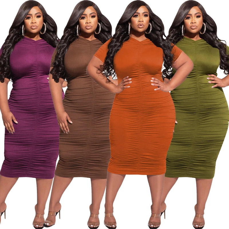 Plus Size Women Bodycon Long Dress Pleated Stretch Pencil Party Gown Clubwear