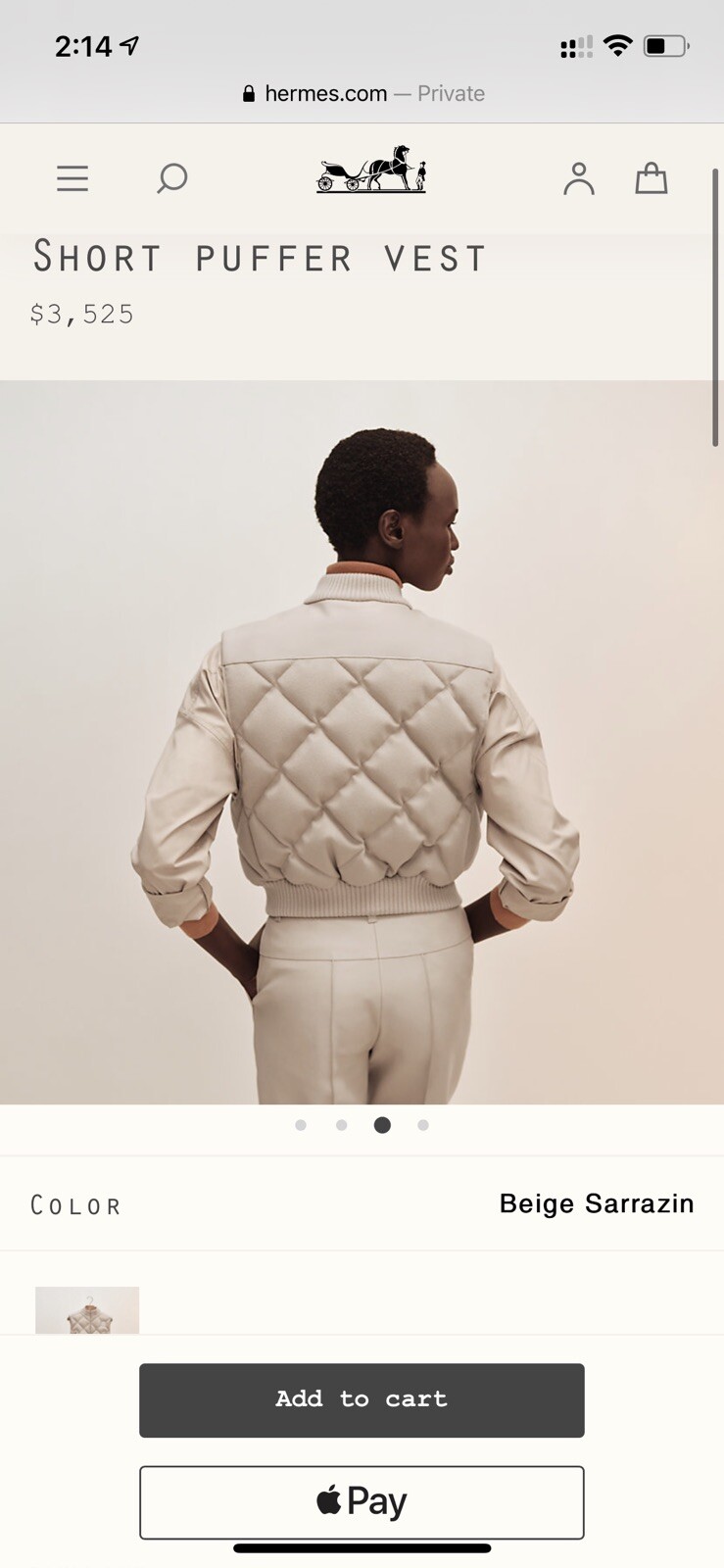 Hermes Short Puffer Vest Size 42 Beige 