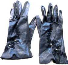 Vintage Ladies Leather Dress Gloves  Black with cord trim and pearls  Fabric