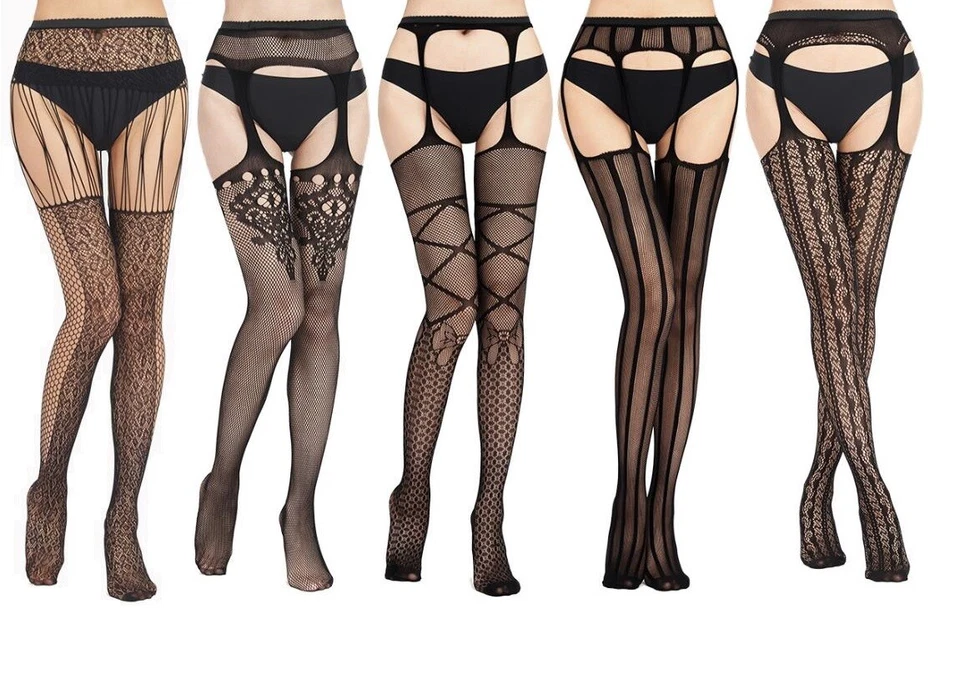 Women Fishnet Sexy Garter Belt Stockings Thigh High Lingerie Lace Tights Bow - Image 2 of 2