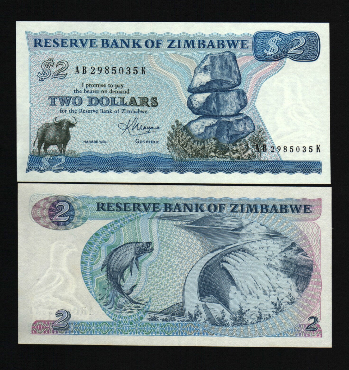 Zimbabwe 2 DOLLARS P1 B 1983 Buffalo Tiger Fish UNC Zimbabwean 1st