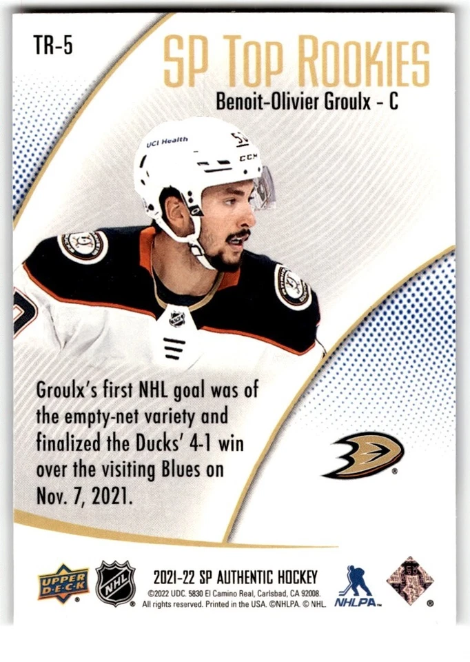 2021-22 SP Authentic Top Rookies Blue Benoit-Olivier Groulx #TR-5 Anaheim Ducks - Image 2 of 2