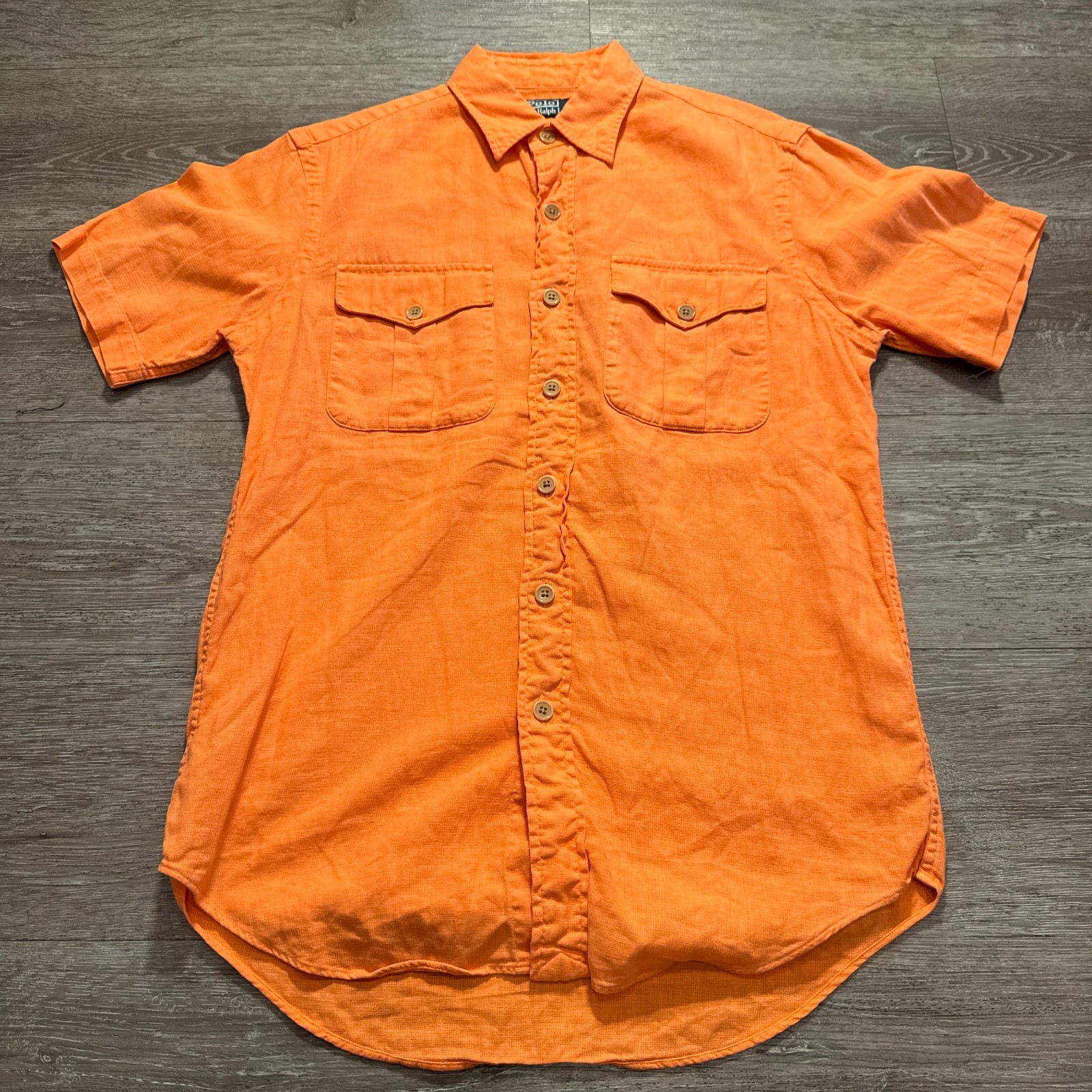 Polo Ralph Lauren Shirt Small Orange Linen Blend Safari Pockets Short Sleeve