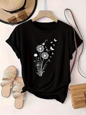 Women'S Floral Print Short Sleeve T-Shirt Casual Round Neck Breathable Tops Tee♪
