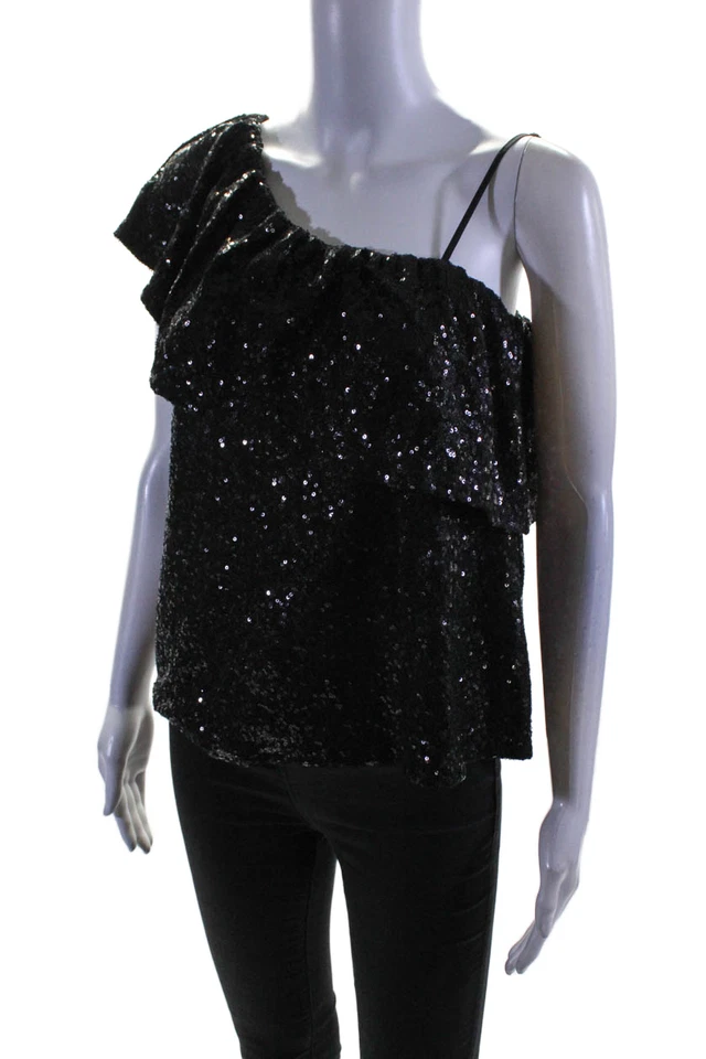 Top negro pequeño BB Dakota para mujer con correa de espagueti con volantes de un hombro lentejuelas Foto 2 de 4