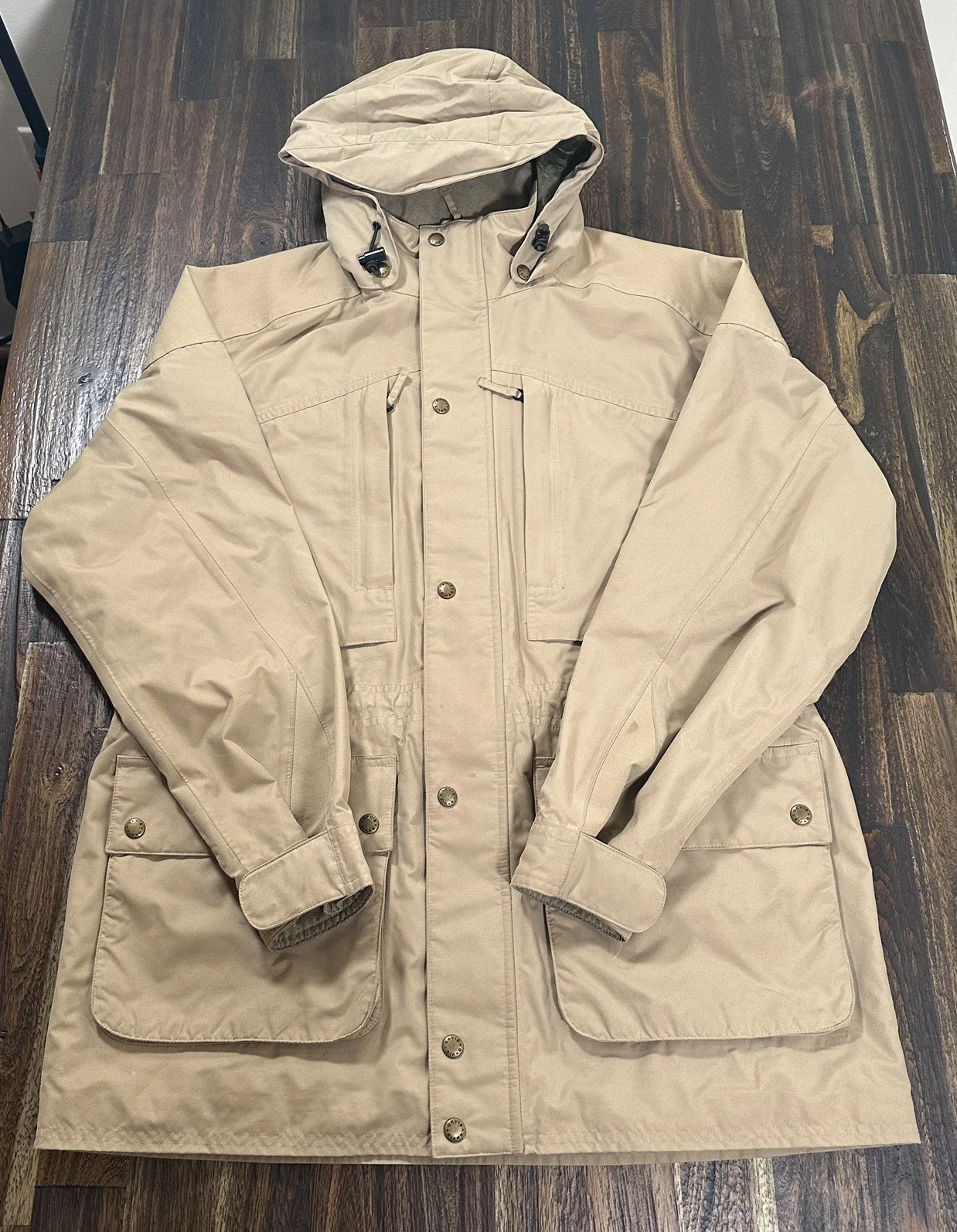 Orvis Safari Jacket Mens M Beige Packable Hood Pockets Travel Hunting Field Barn