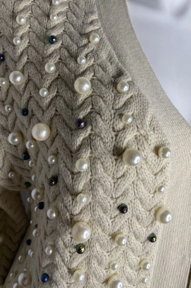 Boston Proper Pearl Embellished Cardigan Sweater Beige Size L - Image 4 of 4