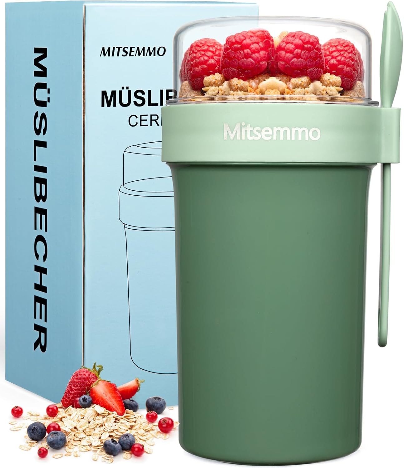 Mitsemmo Cereal Cup On The Go 760ml+230ml Travel Breakfast Pot with Spoon Green