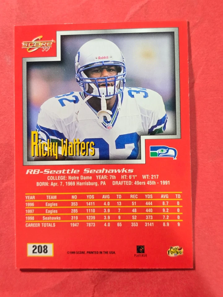 1999 Score #208 Ricky Watters, cd1 - Image 2 of 3