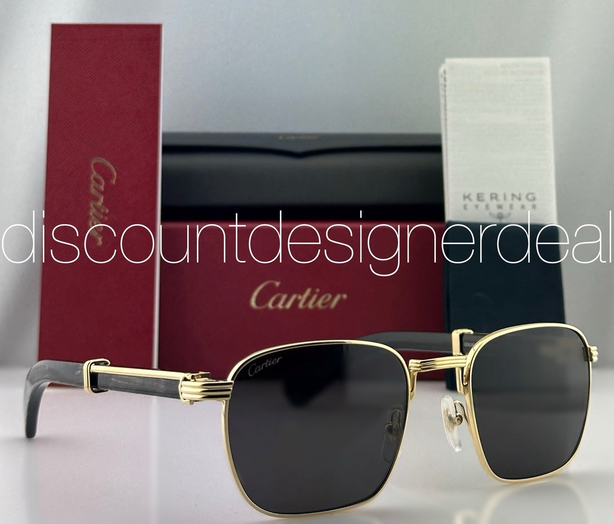 Cartier Square Sunglasses Gold Black Buffalo Horn Gray Lens