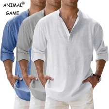 Men's Cotton Linen Henley Long Sleeve Shirt Casual Beach T-shirt Tee Summer Gift
