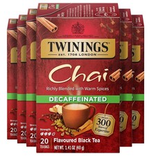 Twinings Decaffeinated Chai Individually Wrapped Bags, 20 Count Pack of 6