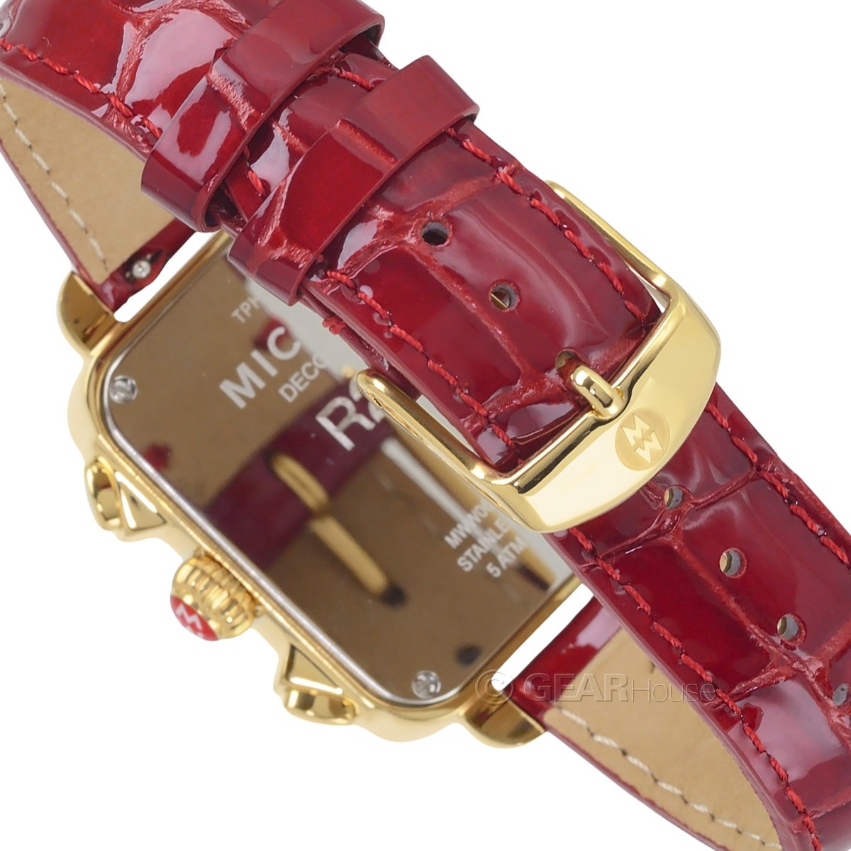 MICHELE Deco Sport Women 18k Gold Plated Watch Chronograph Dial Ruby Red Leather