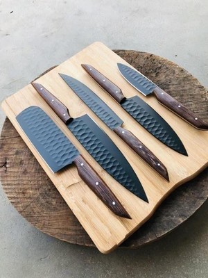 AK CUTLERY HANDMADE STEEL D2 BLACK POWDER COATING CHEF SET HANDLE BY VANGI SHEET