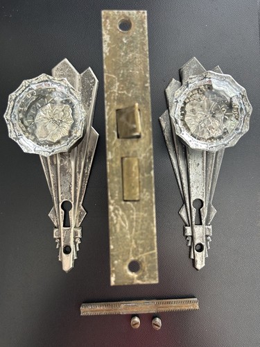Antique Victorian Brass Mortise Lock Set w/Glass Door Knobs Hardware Salvage