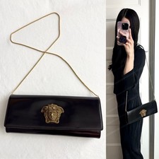 ✨VERSACE Crystal Medusa Icon Leather Clutch Bag With Strap Black Gold