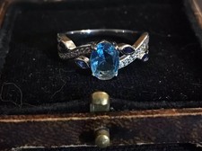 Vintage Style Blue Topaz And Crystal Ring 18K White Gold Plated