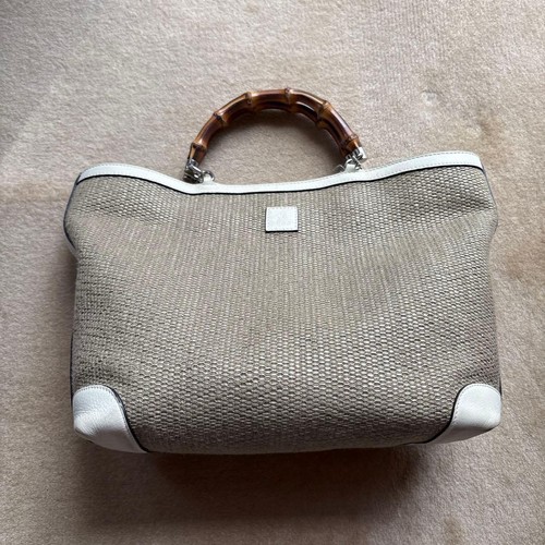 Gucci Canvas Leather Bambook Handle Handbag Beige Used