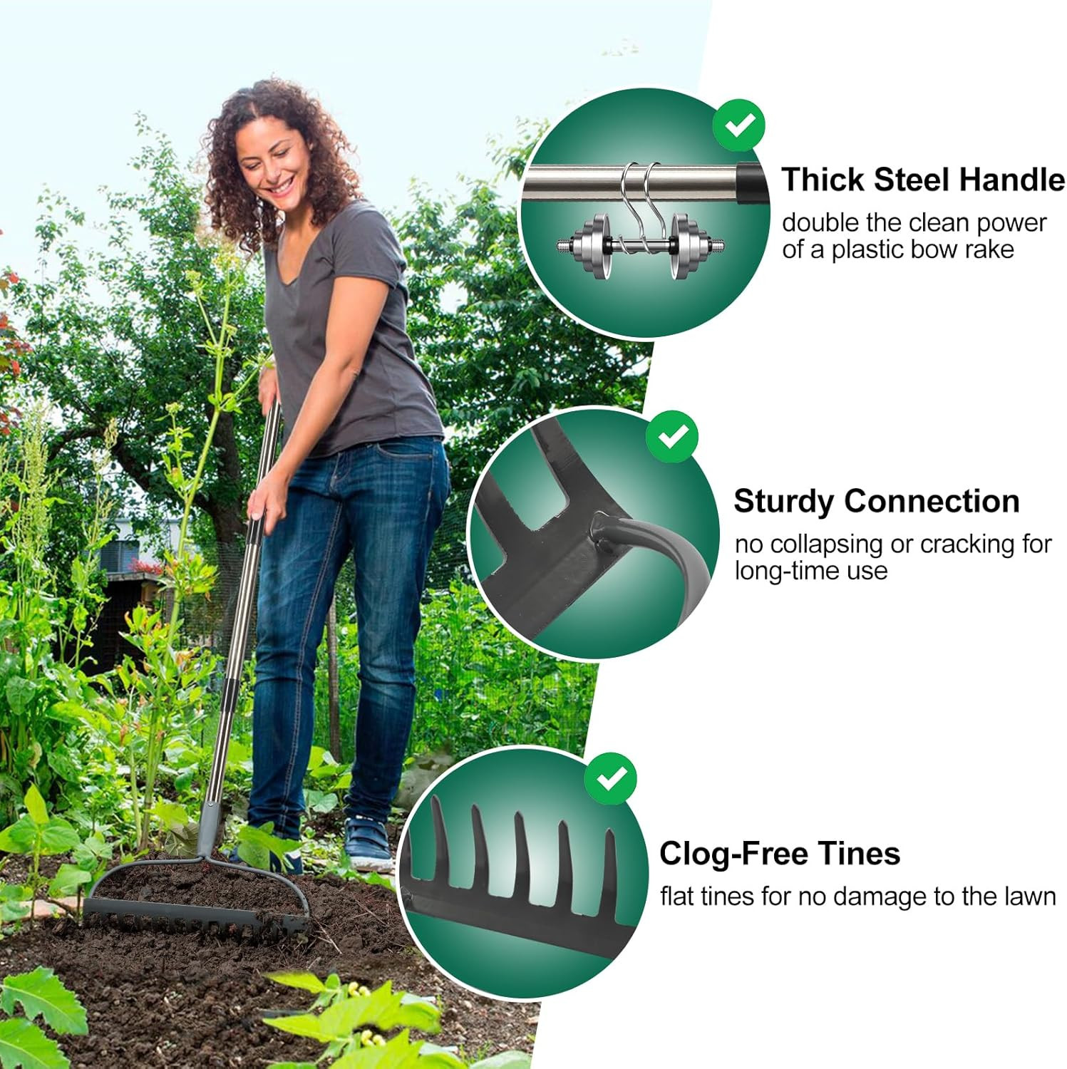 Heavy-Duty Garden Rake with 5 Ft Handle and 14 Metal Tines for Yard Work