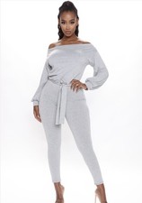 Gray Off-the-Shoulder Long Sleeve Belted Slim Fit Skinny Jumpsuit Women