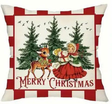 1pc Vintage Christmas Pillow Cover Deer  Girl, 18in, High Quality Linen Blend