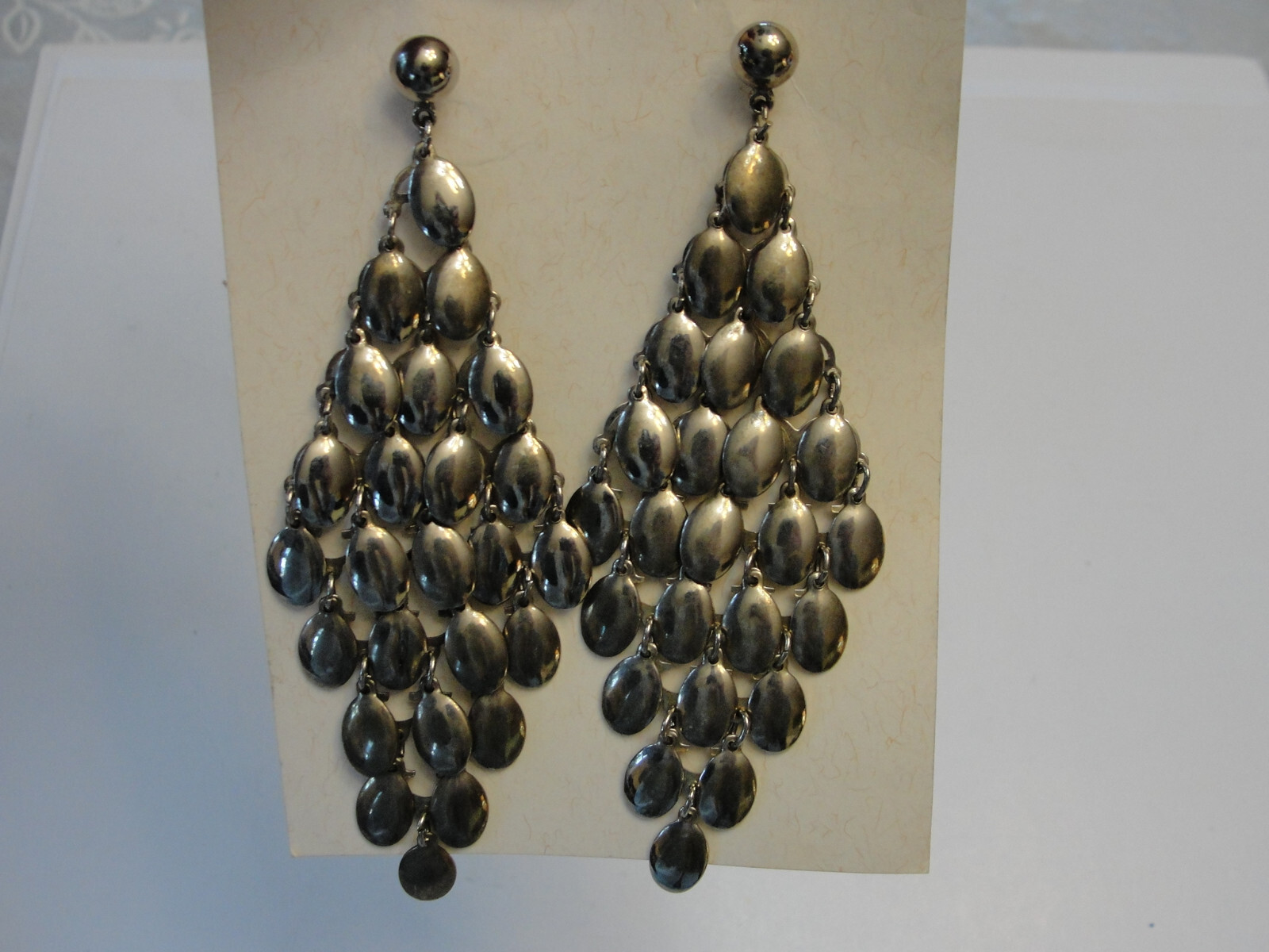 Vintage Silver Tone Post Stud Dangle Teardrops 4"… - image 2