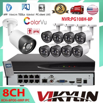 Vikylin 8CH 8PoE 4K 12MP NVR CCTV System Kit 4K 8MP IP Camera ColorVu Mic Lot