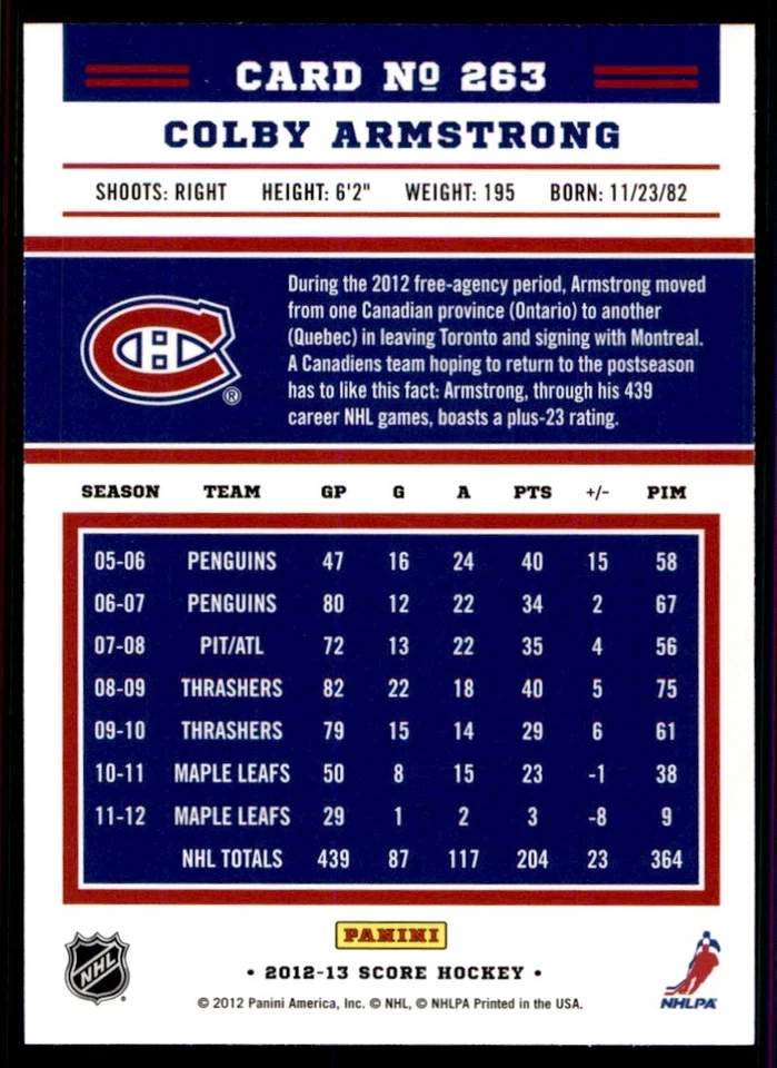 2012-13 Score Gold Rush Colby Armstrong Montreal Canadiens #263 - Image 2 of 2