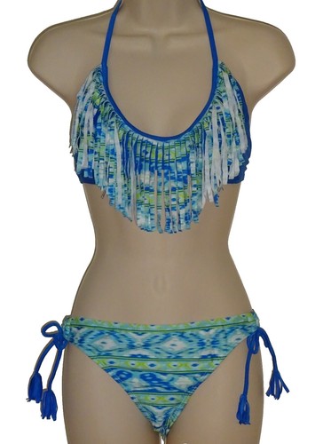 Bikini 2 Pièces Raisins à Franges - Taille XL, Style Aztec Bleu Et Vert