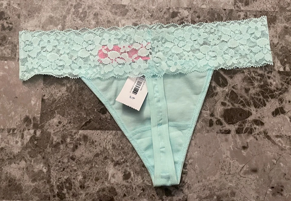 NWT LA SENZA SMALL AQUA GREEN COTTON BLEND FLORAL LACE BAND THONG PANTIES - Image 3 of 3