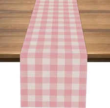 Linen Pink and White Buffalo Check Plaid Table Runner Gingham for Pink Farm B...
