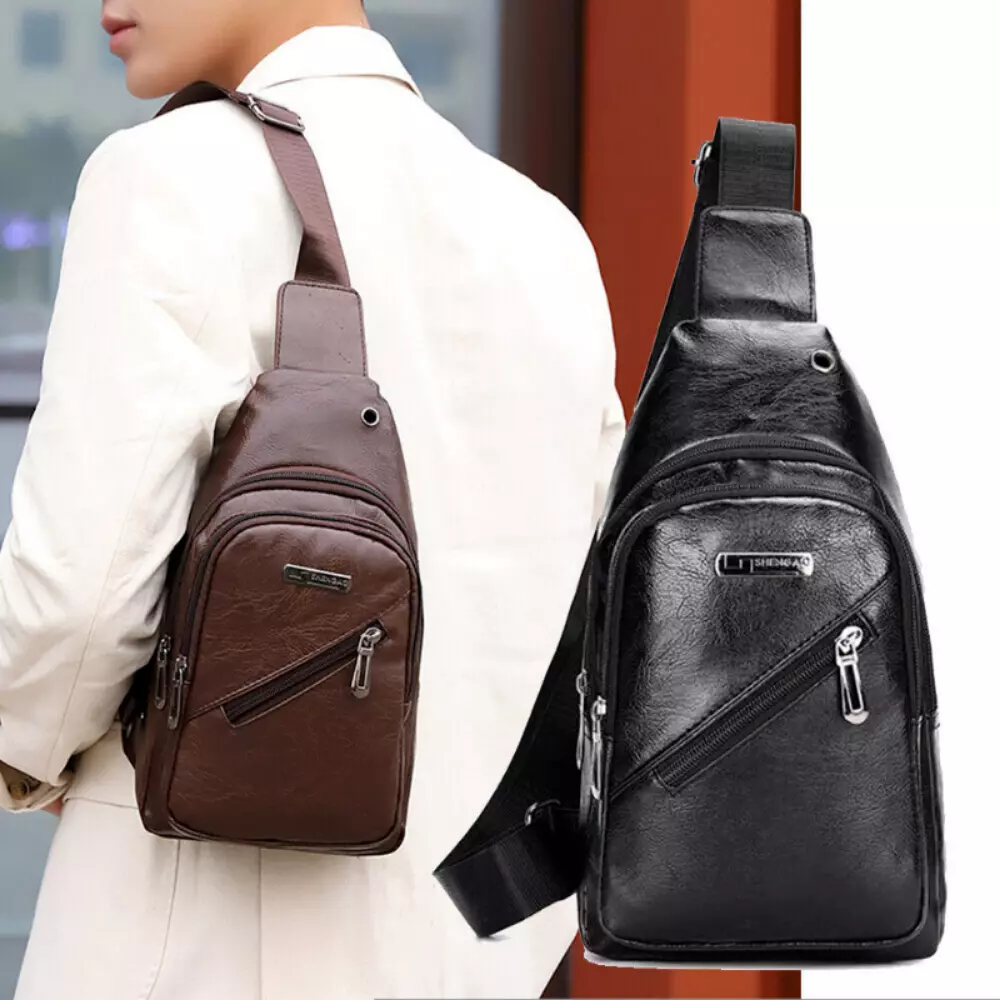 Mens Leather Sling Bag Crossbody Chest Bag Shoulder Bag Backpack