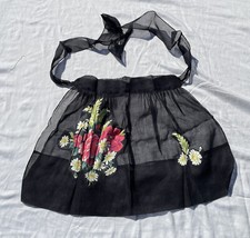 Vintage Mid Century Half Apron Aplique Flower Pocket Handmade Black Chiffon