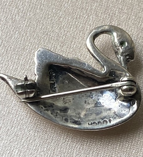 Swan Brooch Pin w/ Teal Gemstone Eye STERLING Silver 925 - Picture 2 of 13