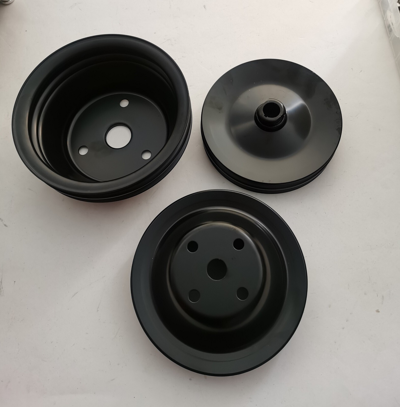 SBC Small Block Chevy 2 Groove Black Steel Long Water Pump Pulley Kit