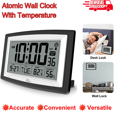 Atomic Wall Clock W Temperature, Humidity, Large Display, Battery Operated,Alarm